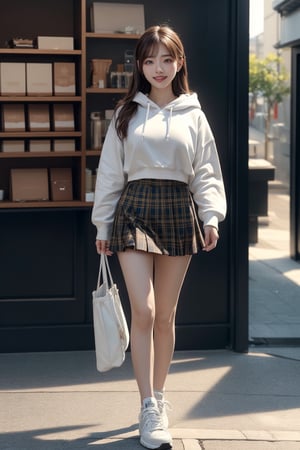 portrait, (hyperrealistic ),ultra realistic illustration, Siena natural ratio,(best quality:1.3),unreal engine 5:1, 16k, sharp focus, octane render, cinematic lighting, HDR10,beautiful [Japan:Korea: 0.4],Japan girl walking in a plushy store, big breasts,white hoodies,(big smile:1.2), long hair, bangs, headphones, brown tartan mini_skirt, stylish, white sneakers,looking at viewer,full body, masterpiece, photorealistic, ultra high resolution, best quality, realistic skin, detailed skin, (full body:1.2),skin pores,diffused sunlight, depth of field, bokeh,UHD,35mm, RTX on,masterpiece,walking posture