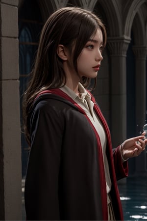 hermione11granger, photo of girl, brown long wavy hair, bangs, flat chest, front view, school robe, in hogwarts castle, casting a spell, small ball of water, water floating in the air, magical, masterpiece, photorealistic, natural lighting, best quality, natural textures,Hermione Granger,1girl,hogrobe,janecourt