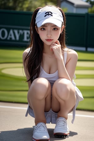20 years old Japan girl, Japan idol style,masterpiece, best quality, photorealistic, raw photo, 1girl,long brown hair,ponytail,breasts,sexy pose,white golf togs,white tennis cap,white mini skirt,white sneakers,detailed skin, pore, low key,golf course,happy face,little cute girl,blurry light background,Japan,Beauty,Sexy,full body
