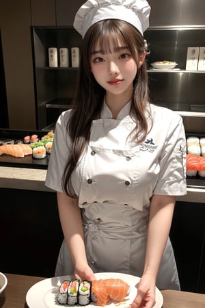 (masterpiece, best quality, ultra-detailed, finely detailed, photorealistic), a close-up portrait of 1 japanese sushi female shop master aged 20, big smile,big breasts,updo,blunt bangs,(Take the sushi off the plate and eat it), standing behind the counter, in white uniform, chef hat,