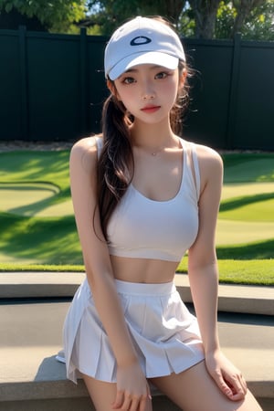 20 years old Japan girl, Japan idol style,masterpiece, best quality, photorealistic, raw photo, 1girl,long brown hair,ponytail,breasts,sexy pose,white golf togs,white tennis cap,white mini skirt,white sneakers,detailed skin, pore, low key,golf course,happy face,little cute girl,blurry light background,Japan,Beauty,Sexy,full body,crossed_legs_(standing)