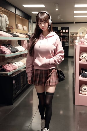 young skinny Japan girl walking in a plushy store, big breasts,pink hoodies, shoulder length hair, bangs, headphones, brown tartan mini_skirt, stylish, black stockings, white_sneakers,look at view,full body, masterpiece, photorealistic, ultra high resolution, best quality, realistic skin, detailed skin, skin pores