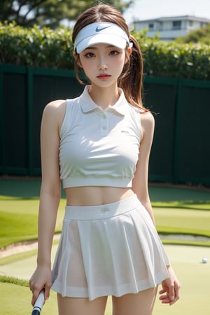 20 years old Japan girl, Japan idol style,masterpiece, best quality, photorealistic, raw photo, 1girl,long brown hair,ponytail,breasts,sexy pose,(white sleeveless golf togs:1.2),(white Tennis Visor Cap:1.1),white mini skirt,white sneakers,detailed skin,Glamor body type, perfect body, thin waist, large pelvis, long leg, good proportion, big breasts, Glamor body type, full body to feet, delicate facial features, pore, low key,golf course,happy face,little cute girl,blurry light background,Japan,Beauty,Sexy,full body,