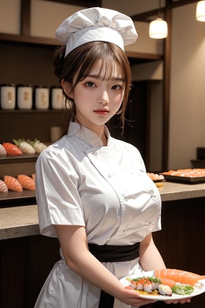 (masterpiece, best quality, ultra-detailed, finely detailed, photorealistic), a close-up portrait of 1 japanese sushi female shop master aged 20, big smile,big breasts,updo,blunt bangs,(placing a sushi on a plate), standing behind the counter, in white uniform, chef hat,professional posture