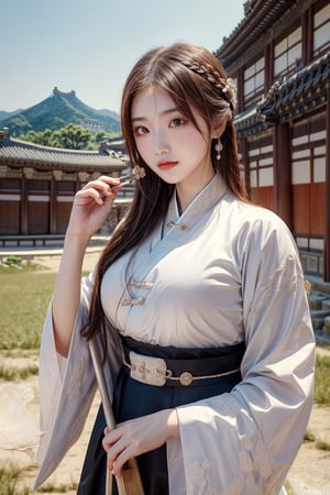 (1 23yo Korean star with royal sister style), ((best quality, 8k, masterpiece: 1.3)), focus: 1.2, perfect body beauty: 1.4, (smile: 1.2), big breasts,(old palace in korea: 1.5), highly detailed face and skin texture, delicate eyes, dust, full body shot, Distant view, The girl is holding a sickle and cutting rice in the field