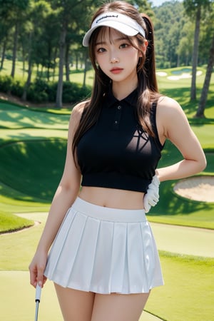 20 years old Japan girl, Japan idol style,masterpiece, best quality, photorealistic, raw photo,high picture quality, high quality, masterpiece, (panties:1.3), (The skirt is turned up to reveal the panties inside:1.4), golf wear, (golf swing:1.1), (skirt up:1.1), (looks panty:1.3), 1girl,long brown hair,ponytail,big breasts,(white sleeveless golf togs:1.2),(white Visor Cap:1.1),white mini skirt,white sneakers,detailed skin,Glamor body type, perfect body, thin waist, large pelvis, long leg, good proportion, big breasts, Glamor body type, full body to feet, delicate facial features, pore, low key,golf course,happy face,little cute girl,blurry light background,Japan,Beauty,(full body:1.2),sexy pose