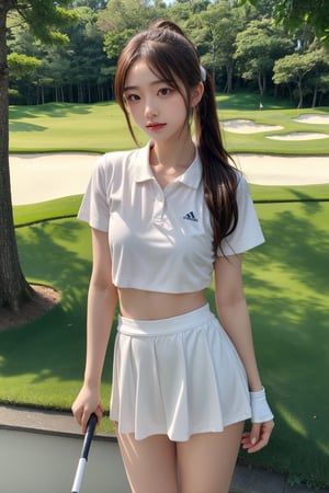 20 years old Japan girl, Japan idol style,masterpiece, best quality, photorealistic, raw photo, 1girl,long brown hair,ponytail,breasts,sexy pose,(white golf togs:1.1),white tennis cap,white mini skirt,white sneakers,detailed skin, pore, low key,golf course,happy face,little cute girl,blurry light background,Japan,Beauty,Sexy,full body,crossed_legs_(standing)