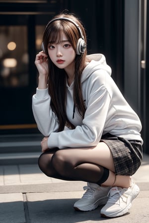 portrait, (hyperrealistic ),ultra realistic illustration, Siena natural ratio,(best quality:1.3),unreal engine 5:1, 16k, sharp focus, octane render, cinematic lighting, HDR10,beautiful [Japan:Korea: 0.4],Japan girl walking in a plushy store, big breasts,white hoodies, shoulder length hair, bangs, headphones, brown tartan mini_skirt, stylish, black cotton stockings, white sneakers,looking at viewer,full body, masterpiece, photorealistic, ultra high resolution, best quality, realistic skin, detailed skin, skin pores,diffused sunlight, depth of field, bokeh,UHD,35mm, RTX on,masterpiece,squatting
