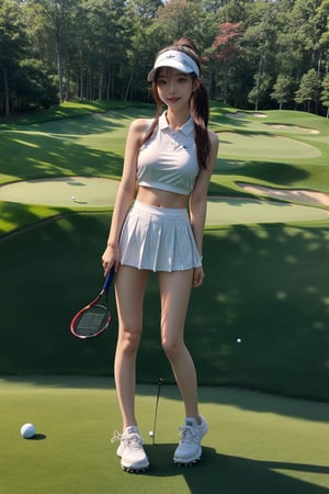 20 years old Japan girl, Japan idol style,masterpiece, best quality, photorealistic, raw photo, 1girl,long brown hair,ponytail,breasts,(white sleeveless golf togs:1.2),(white Tennis Visor Cap:1.1),white mini skirt,white sneakers,detailed skin,Glamor body type, perfect body, thin waist, large pelvis, long leg, good proportion, big breasts, Glamor body type, full body to feet, delicate facial features, pore, low key,golf course,happy face,little cute girl,blurry light background,Japan,Beauty,(full body:1.2),Batting stance