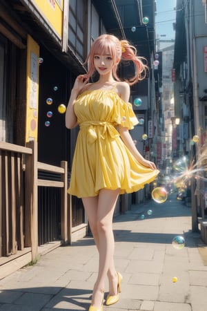 high quality, 8K Ultra HD, high detailed, masterpiece, A digital illustration of anime style, soft anime tones, Detailed illustration of many colorful soap bubbles falling from the sky on a beautiful Japan girl, pale yellow dress,(big smile:1.2),breasts,colorful colors, colorful girl, pink hair, brown eye, (yellow pumps:1.1), luminism, three dimensional effect, enhanced beauty, Albert Anker, Kyoto Animation, Greg Rutkowski, Artgerm, WLOP, Alphonse Beeple, luminism, 3d render, octane render, Isometric, by yukisakura, awesome full color,(full body:1.2),model pose