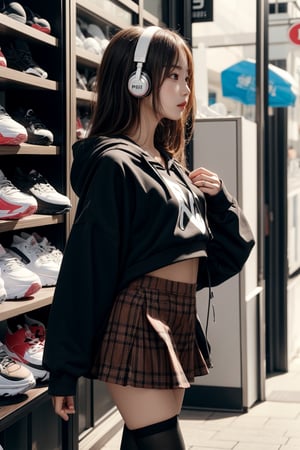 young skinny taiwan girl walking in a plushy store, hoodies, shoulder length hair, bangs, headphones, brown tartan mini_skirt, stylish, black_stockings, white_sneakers, quarter side view, masterpiece, photorealistic, ultra high resolution, best quality, realistic skin, detailed skin, skin pores
