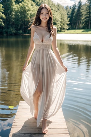 Masterpiece, 16K, intricate details, beautiful girl, big smile, breasts ,standing in the middle of the beautiful lake,Feet under the lake water,full body, Forest, water, blue, sky, clouds, long brown hair,nude:0.9,transparent white long dress,walking posture