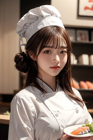 (masterpiece, best quality, ultra-detailed, finely detailed, photorealistic), a close-up portrait of 1 japanese sushi female shop master aged 20, big smile,big breasts,brown hair,(updo),blunt bangs,(placing a sushi on a plate), standing behind the counter, in white uniform, chef hat