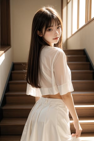 1girl, solo, long hair, breasts, looking at viewer, smile, bangs, skirt, shirt, black hair, brown eyes, standing, white shirt, looking back, indoors, from behind, lips, see-through, white skirt, stairs, realistic