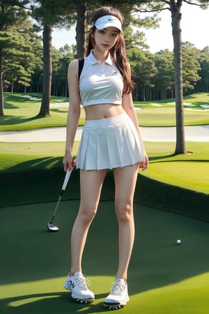 20 years old Japan girl, Japan idol style,masterpiece, best quality, photorealistic, raw photo, 1girl,long brown hair,ponytail,breasts,sexy pose,(white sleeveless golf togs:1.2),(white Tennis Visor Cap:1.1),white mini skirt,white sneakers,detailed skin,Glamor body type, perfect body, thin waist, large pelvis, long leg, good proportion, big breasts, Glamor body type, full body to feet, delicate facial features, pore, low key,golf course,happy face,little cute girl,blurry light background,Japan,Beauty,Sexy,(full body:1.2),