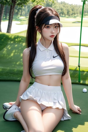 20 years old Japan girl, Japan idol style,masterpiece, best quality, photorealistic, raw photo,high picture quality, high quality, masterpiece, (panties:1.3), (The skirt is turned up to reveal the panties inside:1.4), golf wear, (golf swing:1.1), (skirt up:1.1), (looks panty:1.3), 1girl,long brown hair,ponytail,big breasts,(white sleeveless golf togs:1.4),(white Visor Cap:1.1),white mini skirt,white sneakers,detailed skin,Glamor body type, perfect body, thin waist, large pelvis, long leg, good proportion, big breasts, Glamor body type, full body to feet, delicate facial features, pore, low key,golf course,happy face,little cute girl,blurry light background,Japan,Beauty,(full body:1.2),crossed_legs_(sitting)