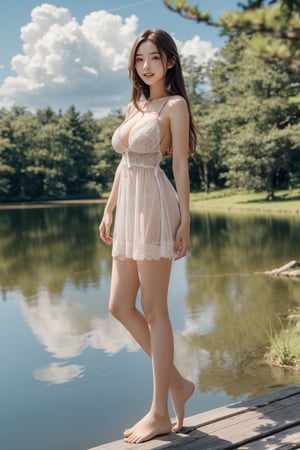 Masterpiece, 16K, intricate details, beautiful Japan girl big smile breasts cleavage standing in the middle of the beautiful lake,full body, Forest, water, blue, sky, clouds, long brown hair, transparent white short dress,sexy model pose