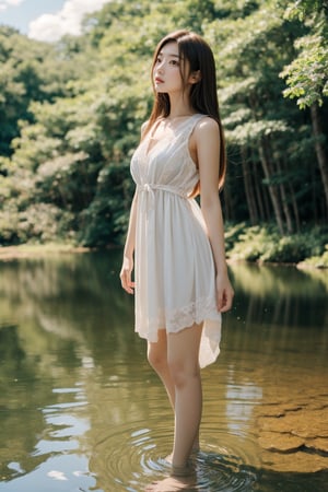 Masterpiece, 16K, intricate details, beautiful Japan girl standing in the middle of the beautiful lake, Forest, water, blue, sky, clouds, long brown hair, transparent white short dress,sex pose