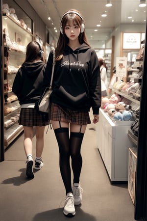 young skinny Japan girl walking in a plushy store, big breasts,hoodies, shoulder length hair, bangs, headphones, brown tartan mini_skirt, stylish, black_stockings, white_sneakers,look at view,full body, masterpiece, photorealistic, ultra high resolution, best quality, realistic skin, detailed skin, skin pores