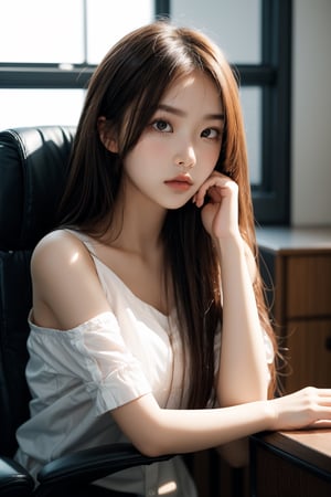 A beautiful Korean girl, wearing a white shirt, one shoulder, sitting on an office chair, holding her cheek with one hand, black super long hair, clear hair, tired expression, looking at the camera lazily, super wide angle, backlight, Light and dark effects, realistic style,