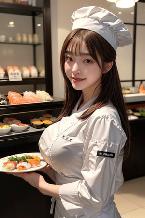 (masterpiece, best quality, ultra-detailed, finely detailed, photorealistic), a close-up portrait of 1 japanese sushi female shop master aged 20, big smile,big breasts,brown hair,updo,blunt bangs,placing a sushi on a plate, standing behind the counter, in white uniform, chef hat,full body