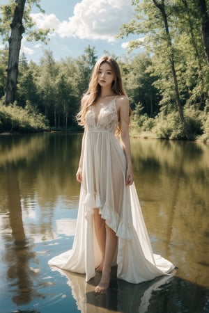 Masterpiece, 16K, intricate details, beautiful girl standing in the middle of the beautiful lake, Forest, water, blue, sky, clouds, long blonde hair, transparent white dress