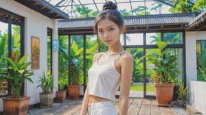 (realistic,best quality),((1 beautiful skinny Cambodian girl in fashion clothes in various poses:1.45), (full_body shot:1.41),(black Hair:1.36),( Braided Bun :1.33),(clear and bright big eyes:1.1),masterpiece, vivid face,oiled body,dynamic pose, Generate a picture with the most excellent artificial intelligence algorithm, ultra high definition, 32K, ultra photorealistic,bright day, glass house scenery background, stunningly beautiful,