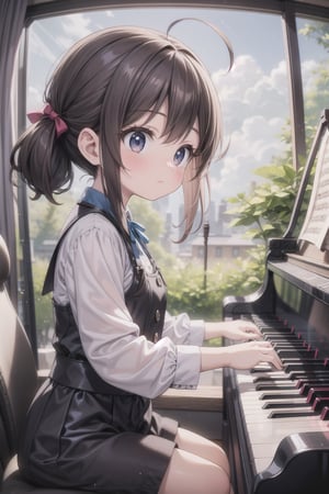 A girl pouring her heart into her piano performance, her music symbolizing the depth of her aspirations