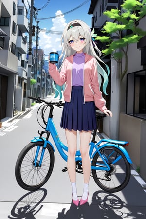 masterpiece, best quality,(1girl), solo,(smiles),blush, (full body),HD,(high_res),firefly \(honkai: star rail\),((absurdres)),((silver hair),(aqua hair),(multicolored hair)),(purple eyes),(black hairband),(hair ornament),((pink jacket),(open jacket)),(purple shirt),(blue skirt),(long sleeves),(white socks),(pink footwear),(flats), scenery, tree, scenery,outdoors,(standing),sky, building, road, outdoors, street, day, blue sky, cloud, ground vehicle, power lines, bicycle, window, utility pole, city, motor vehicle, alley, 