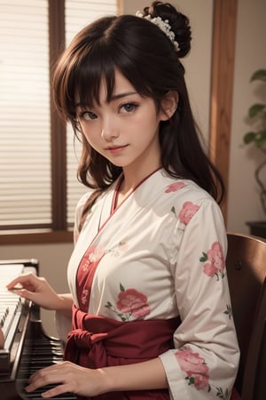 (high resolution, best quality, masutepiece:1.3), (realistic detailed, hyper realisitic, Photorealistic: 1.2), 1girl, 16 year old Japanese girl, Asian, cute girl, childlike, very delicate and beautiful, very detailed eyes and face, beautiful detailed eyes, (slim figure, thin waist), seductive facial expression, pink shiny lips, long stylish hair, black hair, perfect skin, clean and soft skin, highest quality, super detailed, small breasts, shy smiling at viewer,1 girl, ,1 girl ,solo,beauty,girl,pastelbg,higurashi kagome, playing on the piano, cute japanese dress