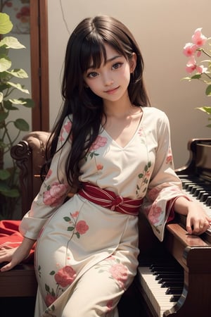 (high resolution, best quality, masutepiece:1.3), (realistic detailed, hyper realisitic, Photorealistic: 1.2), 1girl, 16 year old Japanese girl, Asian, cute girl, childlike, very delicate and beautiful, very detailed eyes and face, beautiful detailed eyes, (slim figure, thin waist), seductive facial expression, pink shiny lips, long stylish hair, black hair, perfect skin, clean and soft skin, highest quality, super detailed, small breasts, shy smiling at viewer,1 girl, ,1 girl ,solo,beauty,girl,pastelbg,higurashi kagome, sitting and playing on the piano, beautiful and detailed styled asian dress, colorful dress