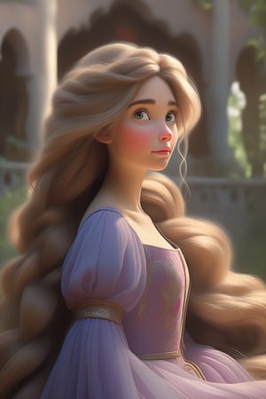 (by Loish,, Hyper-realistic 3D rendering of one woman rapunzel  ,  hyper realistic mans Very detailed, MUCHA & KLIM style  ,backgraund castle 
,echmrdrgn