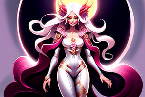  hyper realistic full body a beautiful demons womnan  , long messy white hair,whit rose accesories,  very detailed beautiful eyes.  Very detailed, ,-vista aerea, all in rose gold, onix shine nacar neon iridicente multicolores ciberpunk, 

