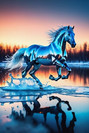 pure water, transparent, has a shape of a transparent horse, illuminating light, feeling alive, running, powerful body movement, winter lake view, crystal clear ice, icy storm scenery 