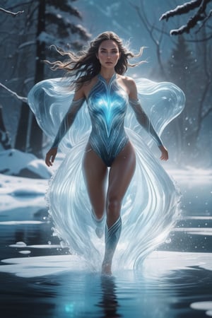 hiper realista, render 2d, 8k, full body pure water, transparent glow , has a shape of a glow  transparent woman , illuminating light, feeling alive, running, powerful body movement, winter lake view, crystal clear ice luminicent , icy storm scenery   Fantastic , more detail XL,creating an otherworldly glow,LegendDarkFantasy,s0ftp1nk