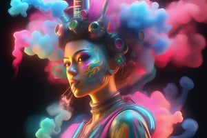 Hyper-realistic 3D rendering of neon smoke from fantasy coctel, one woman cibor punk , shares one to the camera, vibrant colors and intricate details, showing depth and perspective --s 1000 --niji 6 --ar 3:4
