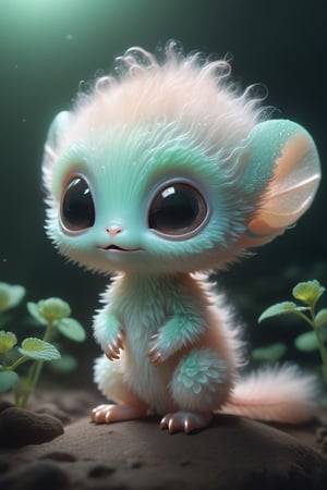 fotogrFIA, hiperrealista, render 2d, unsetting, 8k ,A cute fuzzy alien with translucent skin that reveals its internal herats , which mint glow softly with bioluminescence. It has a head that is disproportionately large compared to its body, giving it a comically cute appearance, and it communicates through a series of chirps and whistles.he chlotes are rose gold sleep in bethroom play kids, clover in the aire (by Loish, )
