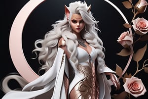  hyper realistic full body a beautiful werewolf , long messy white hair,whit rose accesories,  very detailed beautiful eyes.  Very detailed, ,-vista aerea, all in rose gold, black, and red , tatoo moon , eclipses, shine


