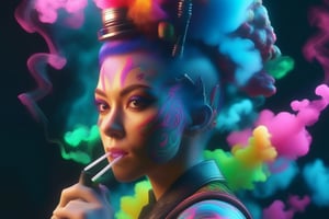 Hyper-realistic 3D rendering of neon smoke from fantasy coctel, one woman cibor punk , shares one to the camera, vibrant colors and intricate details, showing depth and perspective --s 1000 --niji 6 --ar 3:4
