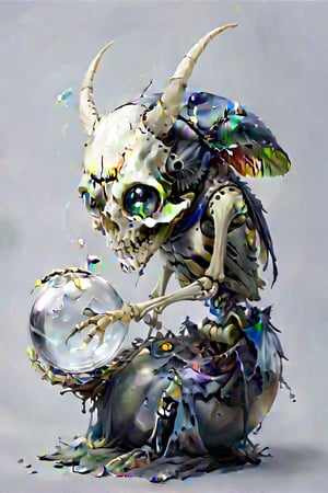 A small character with a white bone head.it looks like a skeleton of a beetle with horns, a short body with legs, holding a glass ball in his hands, the entire body of the beetle is covered with a gray cloth. hyper detail,stylization,16k,poster,ral-chrcrts