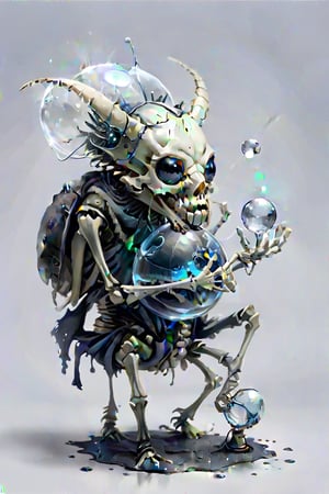 A small character with a white bone head.it looks like a skeleton of a beetle with horns, a short body with legs, holding a glass ball in his hands, the entire body of the beetle is covered with a gray cloth. hyper detail,stylization,16k,poster,ral-chrcrts