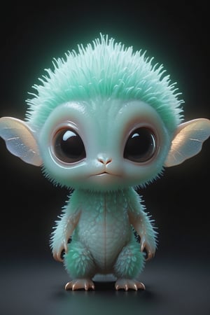 fotogrFIA, hiperrealista, render 2d, unsetting, 8k ,A cute fuzzy alien with translucent skin that reveals its internal herats , which mint glow softly with bioluminescence. It has a head that is disproportionately large compared to its body, giving it a comically cute appearance, and it communicates through a series of chirps and whistles.he chlotes are rose gold sleep in bethroom play kids, clover in the aire (by Loish, )
