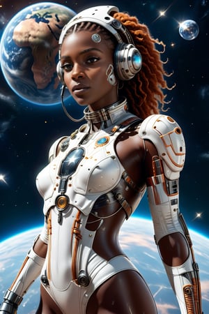 the woman is floating in space in a space suit, behind her planet Earth is in view, the African continent, stars in view in space around her, cyborg-style, cyborg-style, cyborg-style
