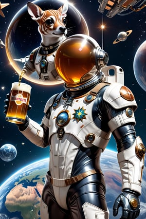 A Buck Rogers floating in space in a space suit, with a beer in his hand, Joewiser logo, behind him planet Earth in view, the African continent, stars in space, cyborg-style, cyborg-style, cyborg-style