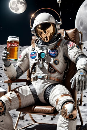 A spaceman in a space suit on the moon, sitting down on a deck chair, with a beer in hand, budwiser in hand is raised, on the moon, behind him planet Earth in view of the camera, cyborg-style, cyborg-style,cyborg style