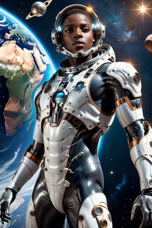 man is floating in space in a space suit, behind him planet Earth is in view, the African continent, stars in view in space around him, cyborg-style, cyborg-style, cyborg-style