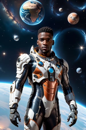 man is floating in space in a space suit, behind him planet Earth in view, the African continent, stars in space, cyborg-style, cyborg-style, cyborg-style