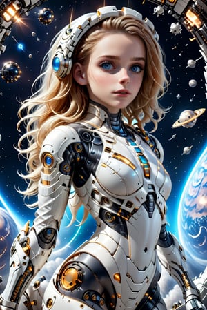 the white woman is floating in space in a space suit, behind her planet Earth is in view, the African continent, stars in view in space around her, cyborg-style, cyborg-style, cyborg-style,mecha\(hubggirl)\,3D Render Style