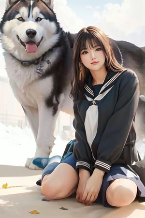 (((masterpiece))), (((best quality))), Best picture quality, high resolution, 8k, realistic, sharp focus, realistic image of elegant lady, woman sitting on the ground next to a husky dog, anime girl in real life, realistic anime artstyle, sakimichan, realistic anime style at pixiv, a hyperrealistic , beautiful anime high school girl, makoto shinkai and artgerm, realistic anime art style, makoto shinkai and tom bagshaw