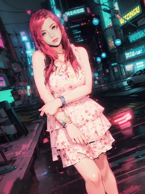 Masterpiece, Best quality, Photorealistic, Ultra-detailed, finedetail, high resolution, 8K wallpaper,   there is a woman standing on a street corner in a dress, in cyberpunk city, anime style. 8k, cyberpunk anime girl, cyberpunk vibe, dreamy cyberpunk girl, cyberpunk 2 0 y. o model girl, neon rainy cyberpunk setting, anime style mixed with fujifilm, inspired by Ayami Kojima, bright cyberpunk glow, cyberpunk girl, in cyberpunk style, at cyberpunk city